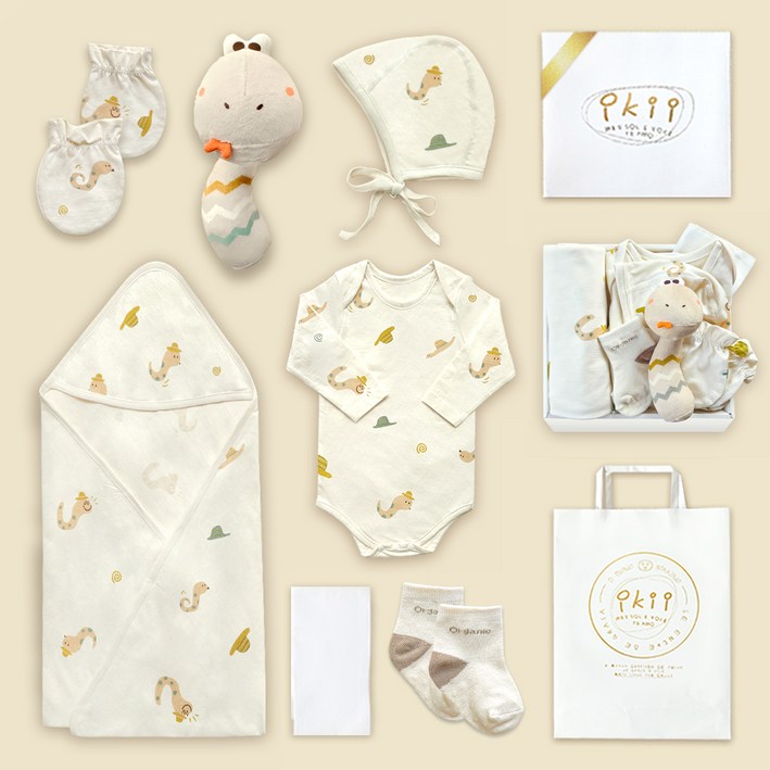 ikii 신생아 오가닉 긴소매 바디슈트 출산 선물세트  쇼핑백