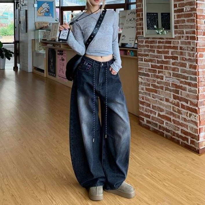 더플로우커머스 여성용 하이틴 무드 체크 포켓 와이드 벌룬 데님 팬츠