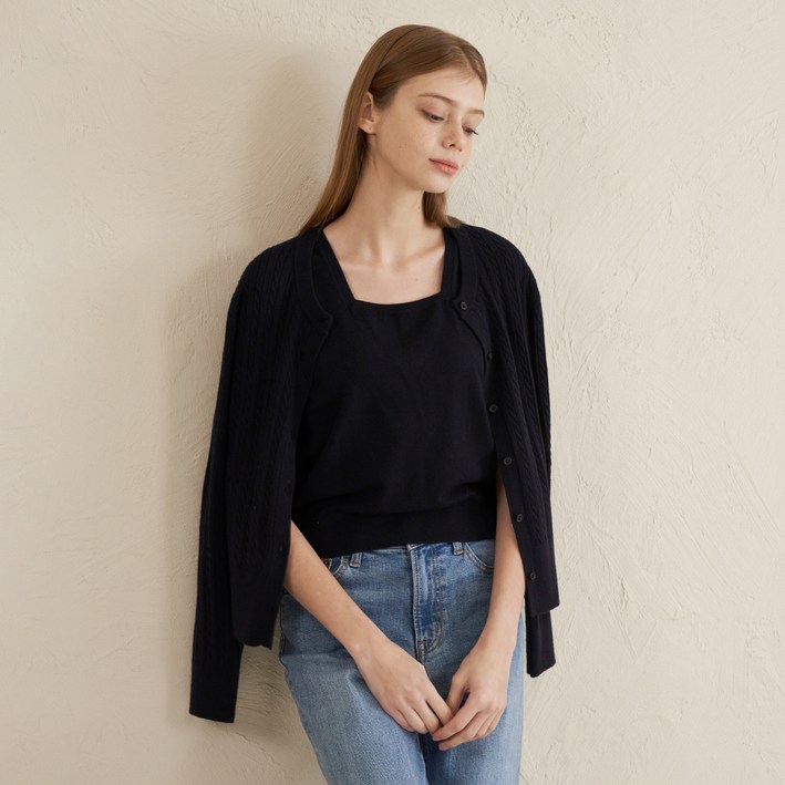 210에디트 여성용 꽈배기 가디건 + 스퀘어넥 나시 세트 ZE1SW560