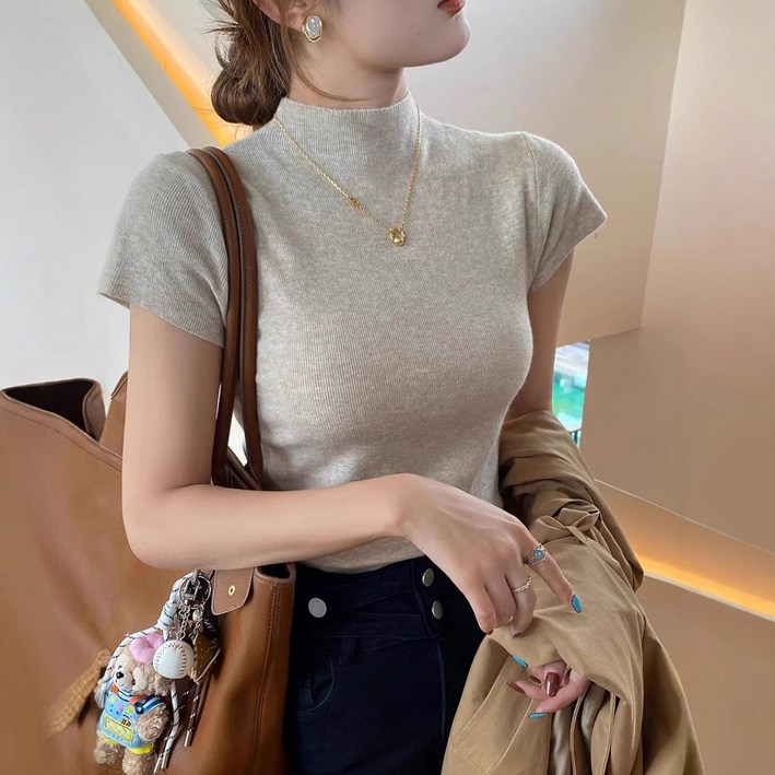 데이소이 여성용 반칼라 반팔 터틀넥 니트