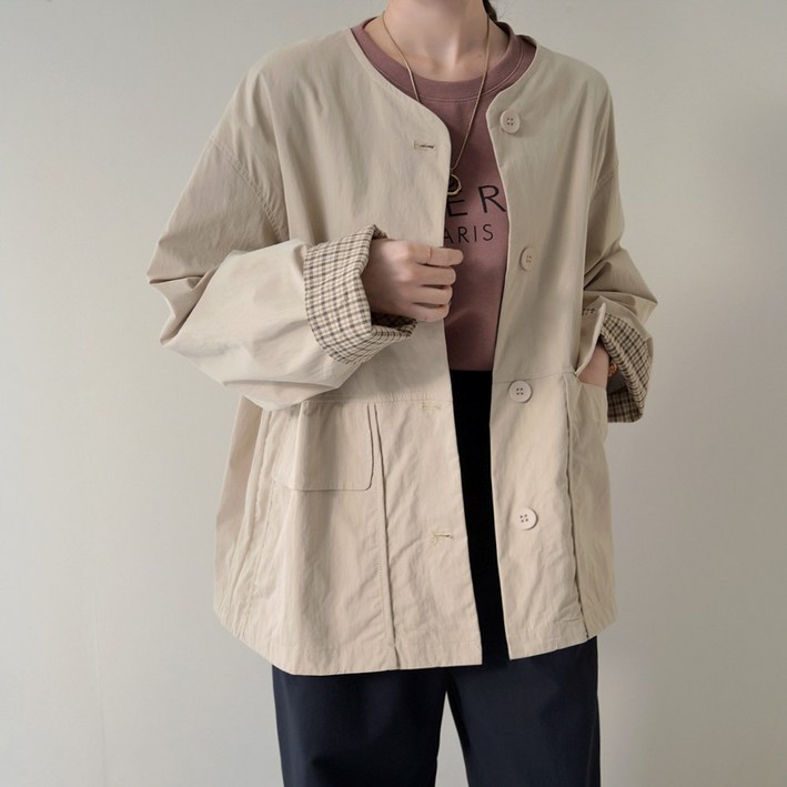 데일리앤 너틀리 오버핏 가을 여성 노카라 코튼 롤업 스트링 코지 자켓 루즈핏 빅사이즈 캐주얼 점퍼 간절기 아우터