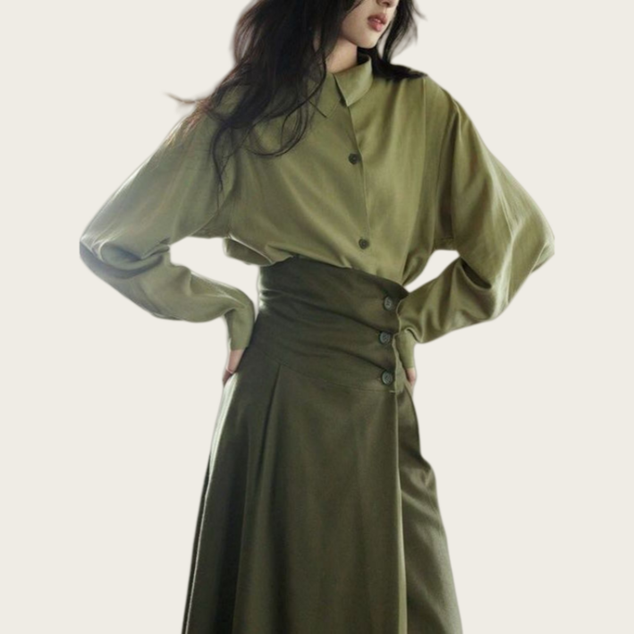 Makone 여성 봄 가을 세미플레어 패션 버튼 롱 스커트