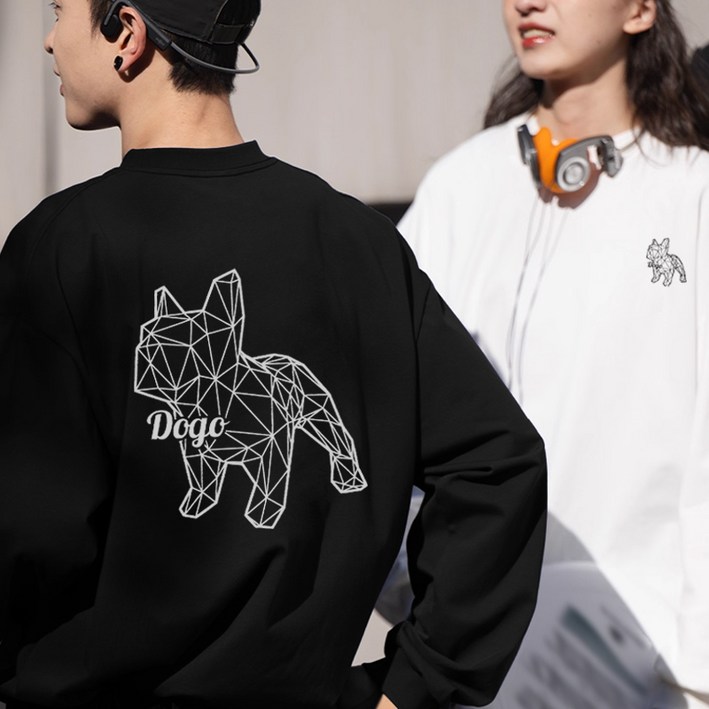 FONOW 남녀공용 귀여운 DOGO 불독 캐릭터 프린팅 커플룩 스탠다드핏 맨투맨