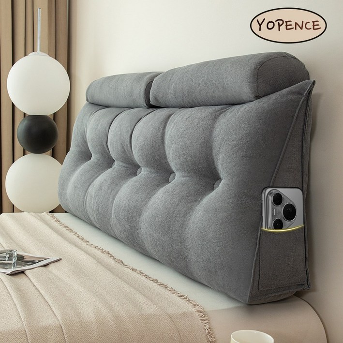 Yopence 고급스러운 삼각 등받이쿠션 초대형 침대헤드쿠션 침대용 헤드쿠션 롱 허리쿠션, 그레이