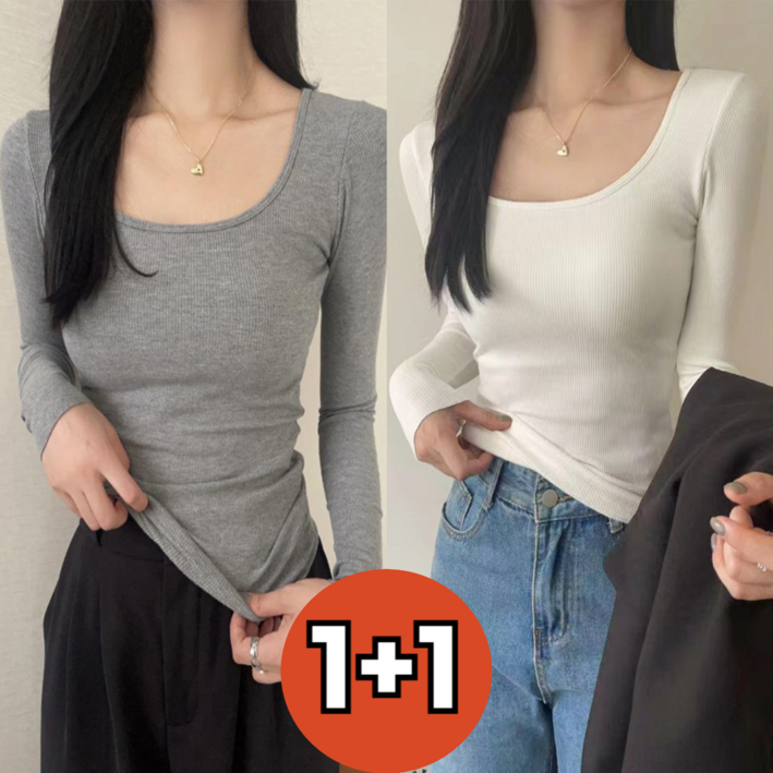 1+1 (2장) 캡내장 골지 유넥 긴팔 티셔츠 이너티 기본티 슬림핏 겨울 가을 엘리마켓