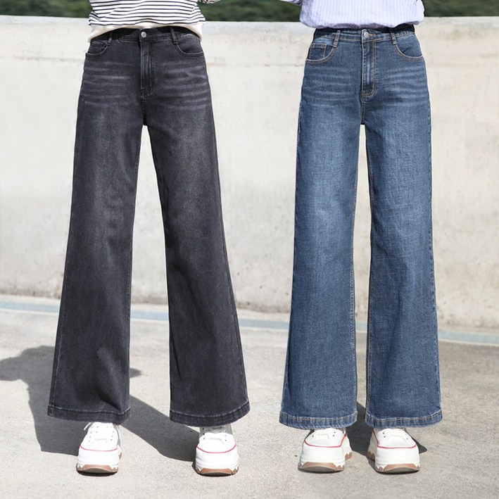 동대문스타일 여자 융본딩 와이드 기모청바지 워싱 스판 데님 여성 겨울 데님 통바지 투컬러 보온팬츠