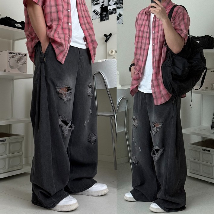 르위 데일리 사이드 스냅 밴딩 와이드 찢청 데님 벌룬 롱팬츠 빅사이즈