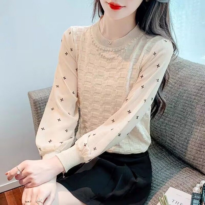 프렌치 여성 쉬폰 블라우스 빅사이즈 쉬폰 패치 긴팔 니트 상의 봄 가을 여자 긴소매 상의 LQZ