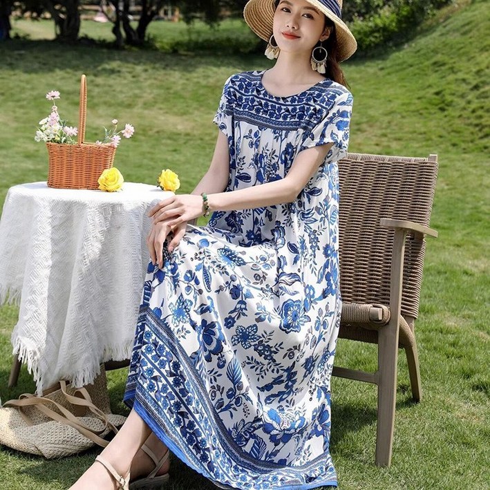 POMTOR 여성 면 여름 롱원피스 빅 사이즈 오버핏 스커트 중년 엄마 휴양지롱원피스 아이스 편안한 홈웨어