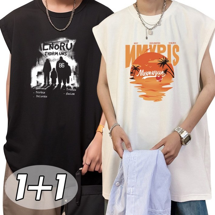 11별하늘 순면의 남성 냉감 여름 민소매 티셔츠  오버핏 라운드 프린트 나시