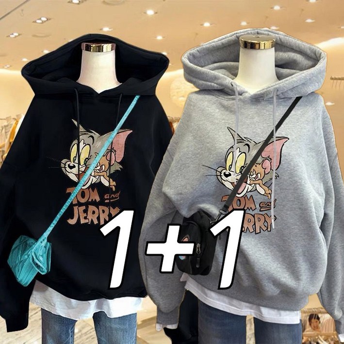 1+1 set// 여성맨투맨 프린트 루즈핏 기모후드티 상의 레터링 따뜻한 긴팔티 티셔츠 오버핏