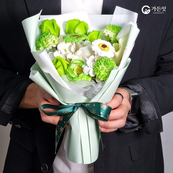 가든잇 감성 비누꽃 꽃다발 + 종이 쇼핑백, 초록