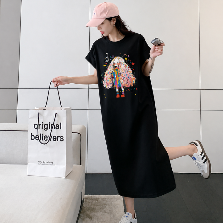 WAIJER 여성 여름 데일리 캐주얼 롱원피스 빅사이즈 루즈핏 프린트 반팔티 원피스