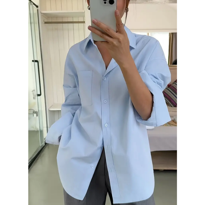 남여공용 단색 스카이블루 하늘색 오버핏 셔츠, 캐주얼 포켓 블라우스 여성 의류 직장인 정장