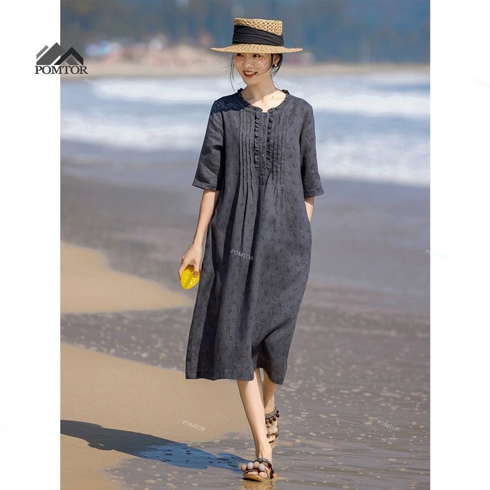 POMTOR 루즈핏 캐주얼 플라워 원피스 여성 반소매 린넨 원피스