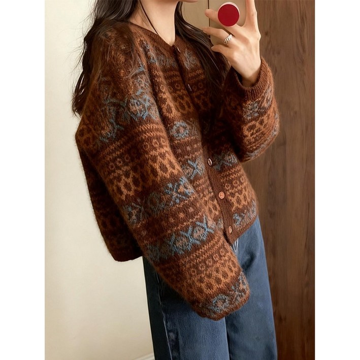 해피유통   여성용 보헤미안 스타일 빈티지 패턴 울 니트 가디건 따뜻한 가을 겨울 긴팔 버튼 디자인