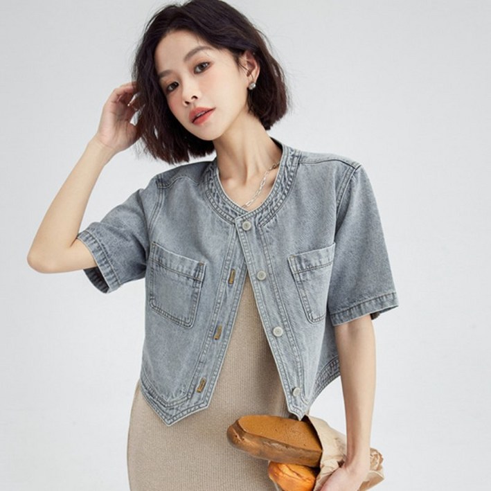 COSYEVNO 여름 반팔 청자켓 라운드넥 빈티지 캐주얼 패션 여성 숏 청코트