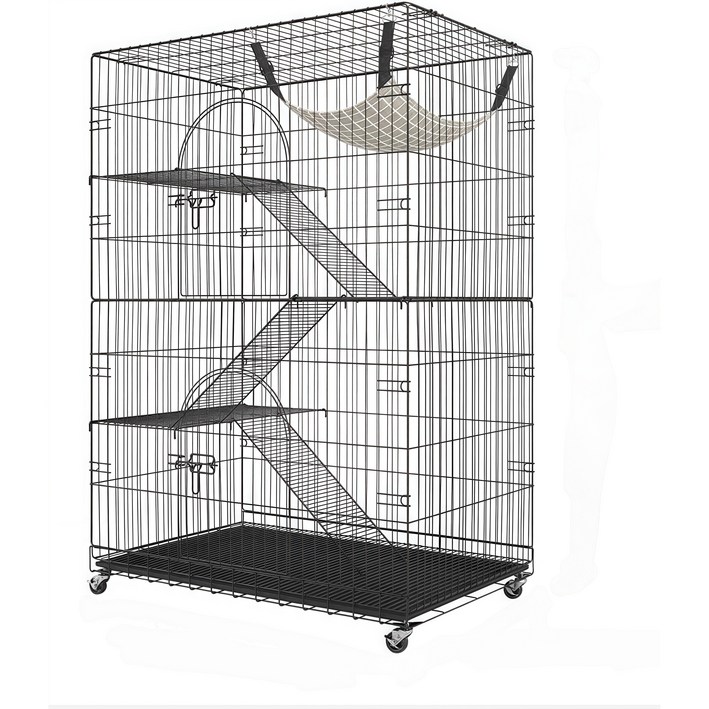 리빙가감법 반려동물 고품질 조립식 4단 튼튼한 메탈 간편이동 잠금 가능한 바퀴가 있는 탈출 방지 고양이 철장 이동식 고양이 대형 케이지, 1개, 블랙