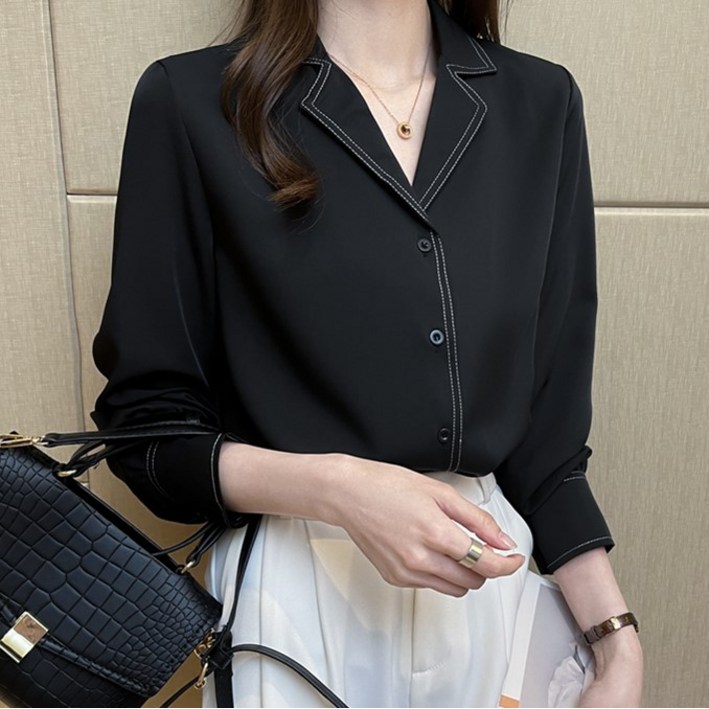 [뉴욕멋쟁이] 국내배송 젤피 카라 셔츠 블라우스 캐주얼 베이직 스티치 브이넥 남방