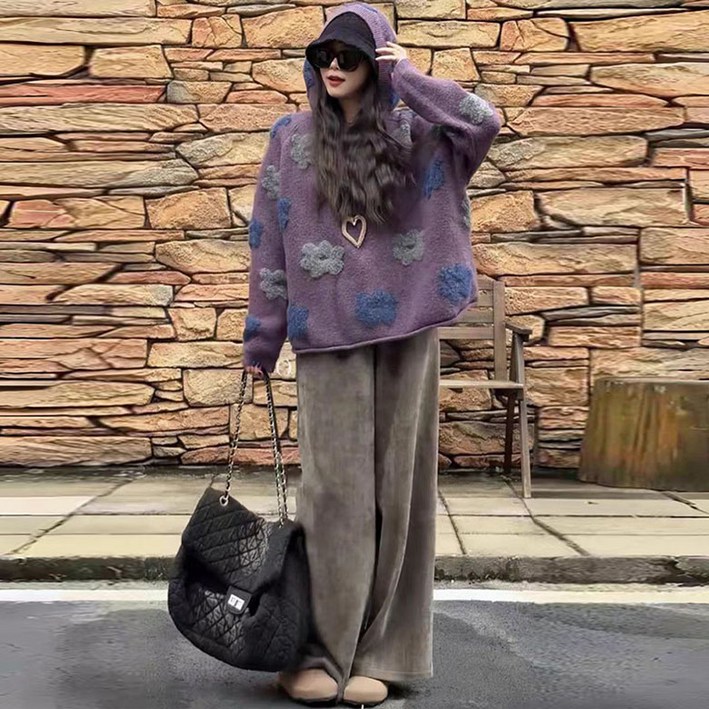 QEWBG    가을겨울 여성 플라워 자카드 후드 니트 스웨터 포근한 아우터탑