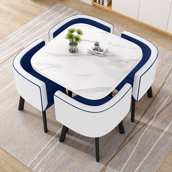 MEETON 감성 인테리어 4인용 티 테이블 세트 원목 의자포함 식탁 원형 카페 둥근모서리, 사각-마블화이트/체어-화이트블루, 4인용