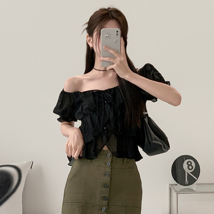 피니 (청초,번따룩) 블룸 프릴 2wqy 끈 퍼프 블라우스 (4color) 오프숄더블라우스 홀터블라우스 여리핏 데이트룩