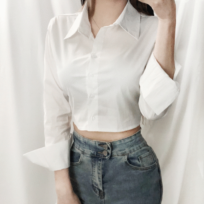 도레미 크롭 뒷밴딩 카라넥 셔츠