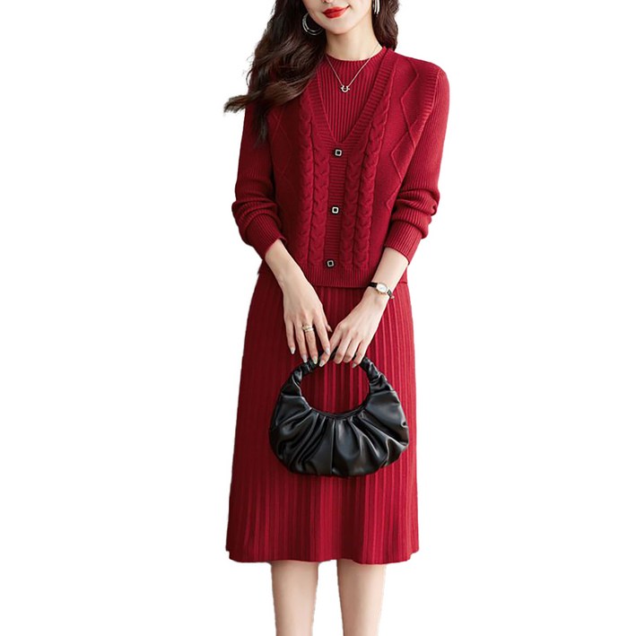 예니브 중년 여성 40대 50대 가을 겨울 프리미엄 니트 울 원피스 투피스 니트조끼 스웨터 + 롱원피스 상하복 코디 니트세트