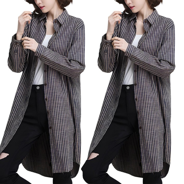 1+1 여성 스트라이프 롱 셔츠 체크 남방