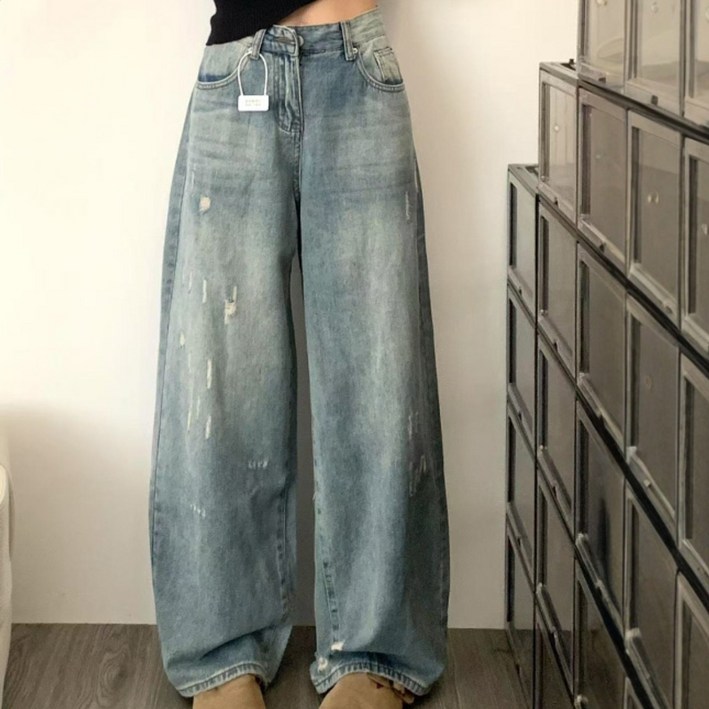 TIMEPURE 여성 빈티지 스트레이트 데님 팬츠 하이웨이스트 슬림 와이드