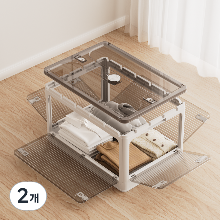 투명 5면 오픈형 접이식 수납 정리함 리빙박스 폴딩박스 55L 84L, 2개, 화이트