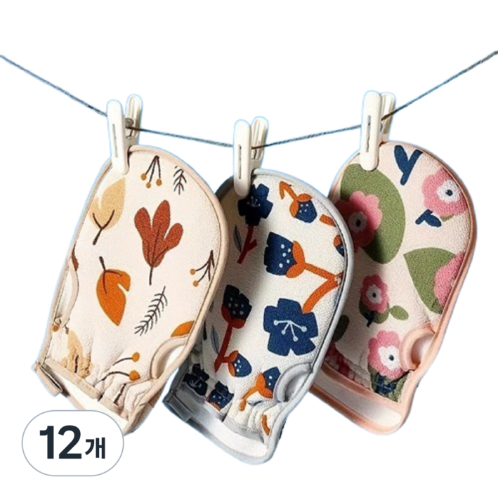 클린업 꽃무늬 때장갑 유아 노약자 피부민감자 때밀이장갑, 12개, 파란,분홍,갈색, 1세트