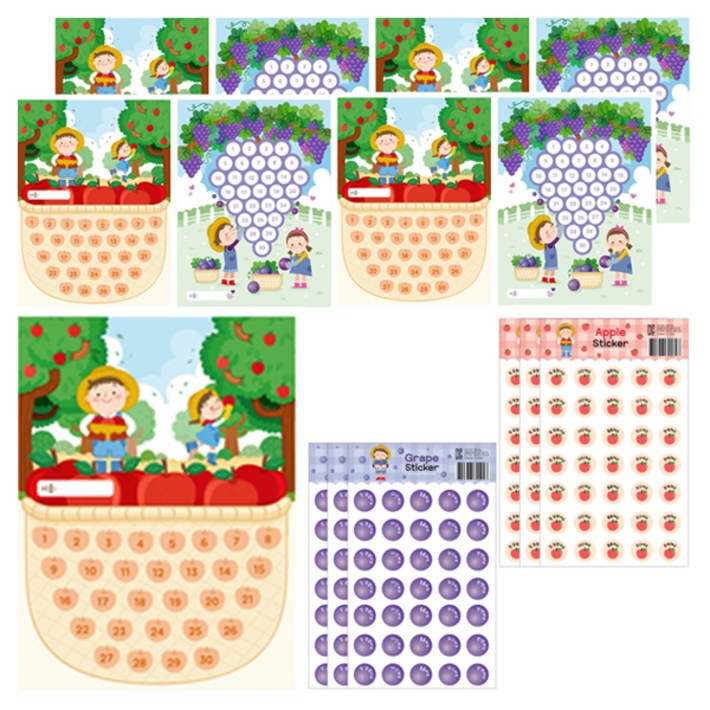 슈퍼쌤 양면 칭찬 사과 포도 스티커판 9p 사과 스티커 3p  포도 스티커 3p 세트