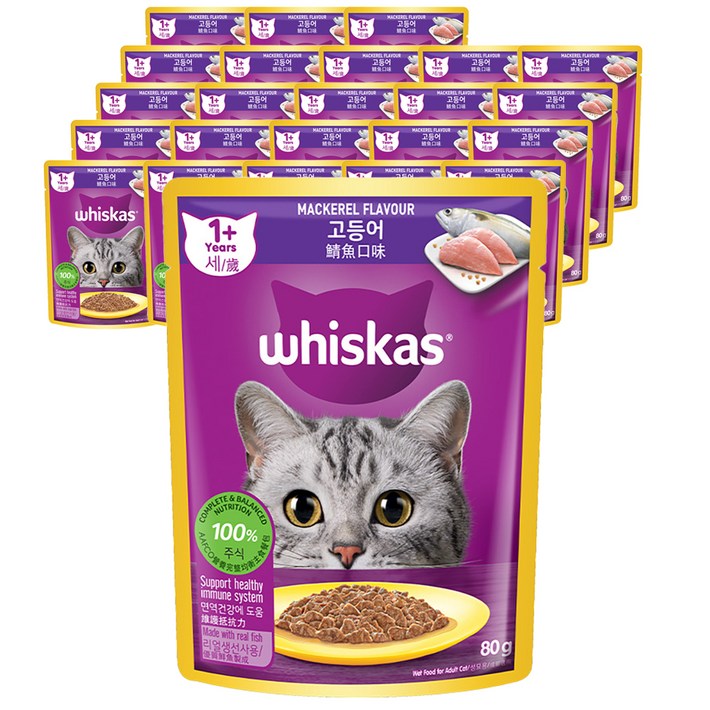 위스카스 어덜트 고양이 주식 파우치, 고등어, 80g, 24개 위스카스 어덜트 고양이 주식 파우치, 고등어, 80g, 24개