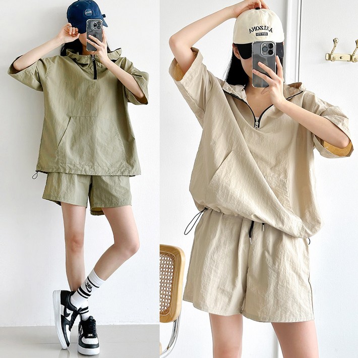 셋업당일발송 아노락 후드 스트링 반팔세트 꾸안꾸 데일리세트룩 바스락 우븐세트 트레이닝세트 남녀공용 커플룩