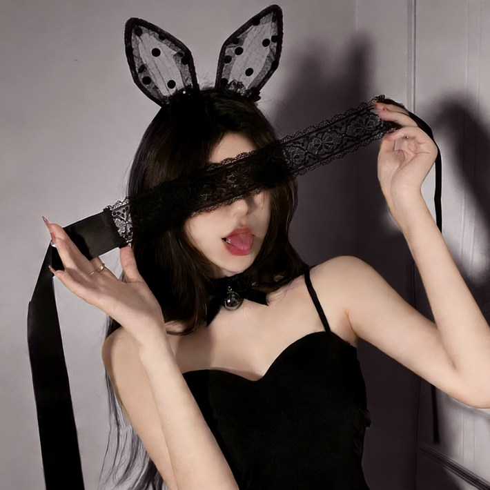 Soolink 여성 파티용 토끼 머리띠 안대 목걸이 장식 소품 3종 세트