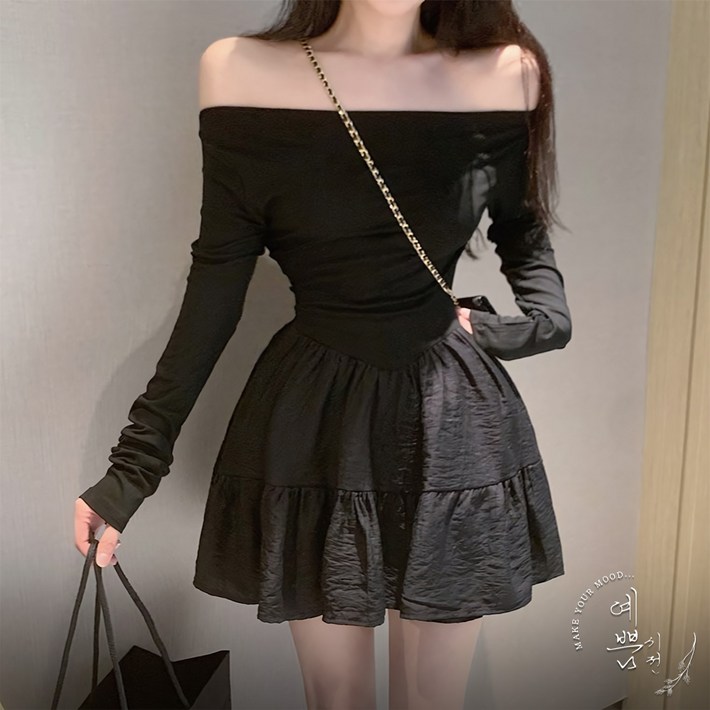예쁨시전 로맨틱 무드 셔링 오프숄더 플레어 긴팔 미니 원피스
