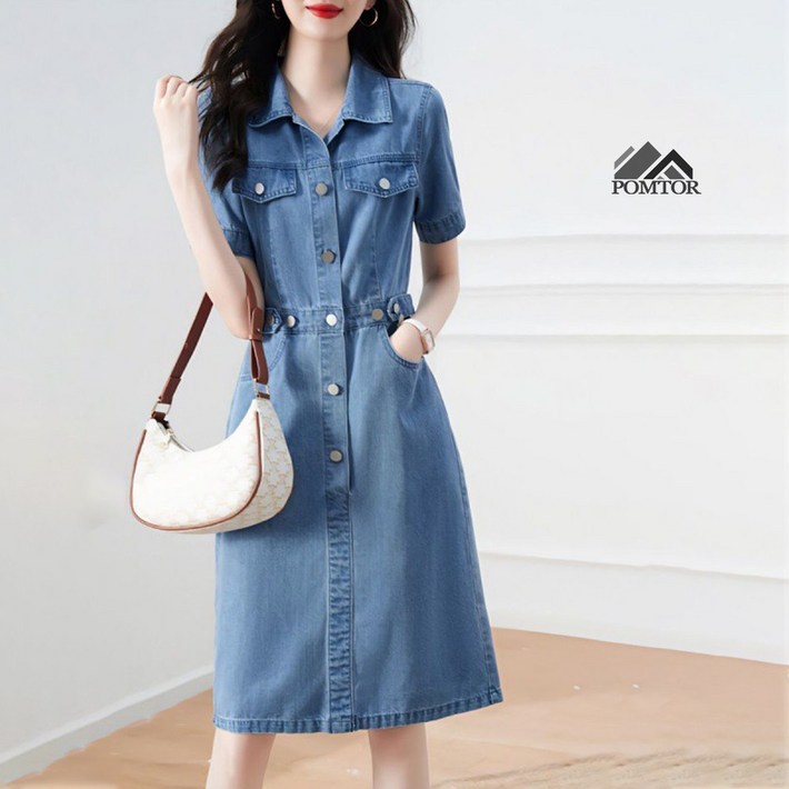 POMTOR 여성 데님 원피스 캐주얼 부드러운 미디 셔츠 청 원피스