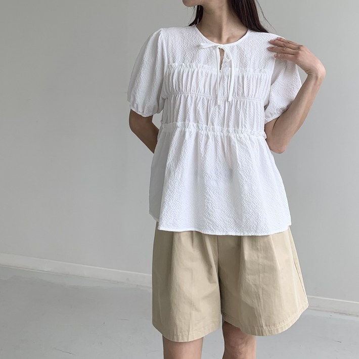 행복여 프릴 티어드 캉캉 리본 퍼프 블라우스