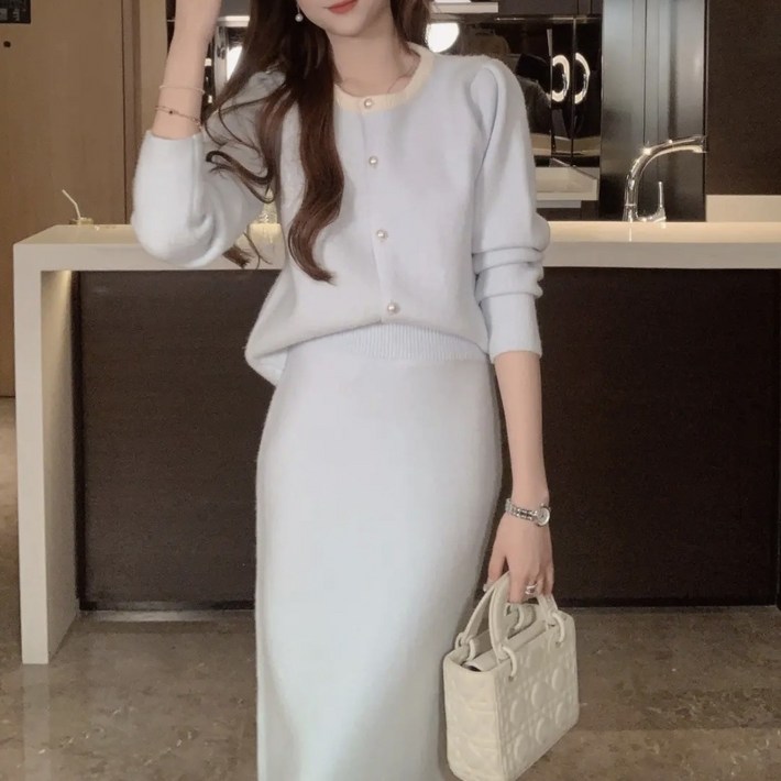 에쥬아 여성 겨울 니트 상하세트 오피스룩 하객룩 니트 롱스커트가디건 투피스셋업