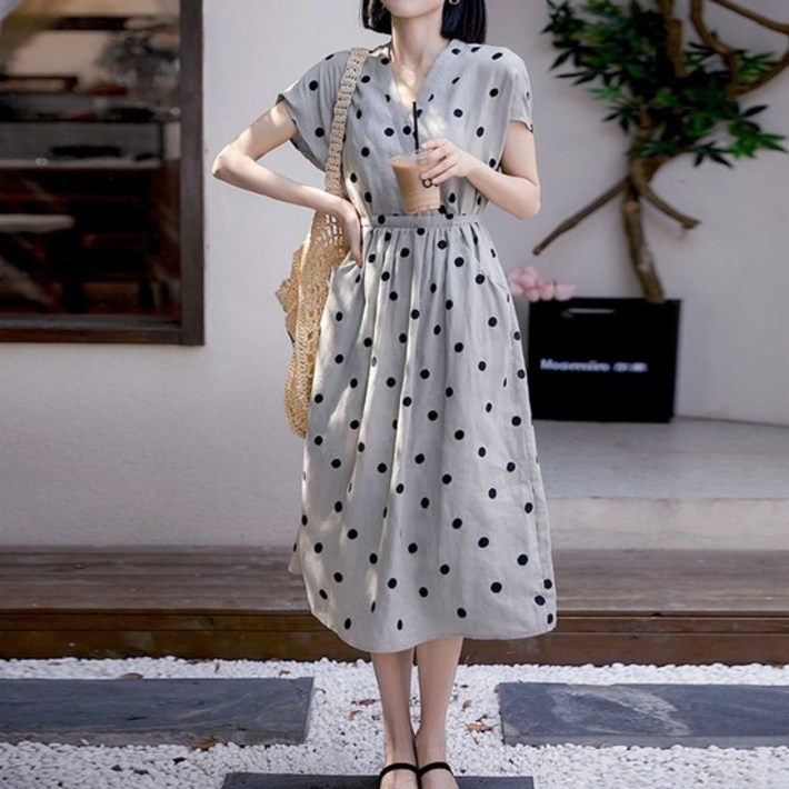 G126671클래식 도트 루즈핏 린넨원피스