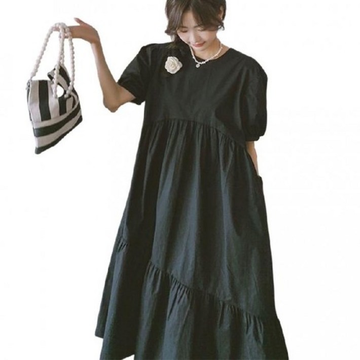 반팔 원피스 캉캉 CLBA1067 롱원피스 오버핏 블랙 퍼프소매 셔링