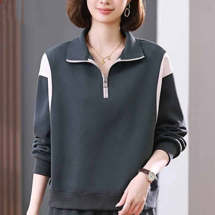 AOKADA 중년 여성 카라 반집업 배색 긴팔 맨투맨 가을 엄마 상의 티셔츠