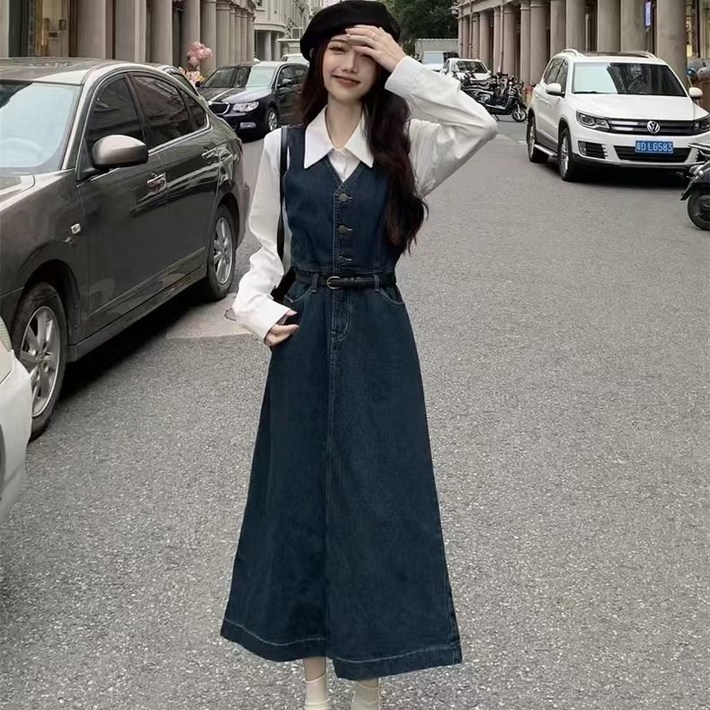 Chephie 긴팔 셔츠 빈티지 데님 뷔스티에 원피스 세트