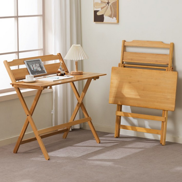 GOOD HOME 내추럴 우드 폴딩 테이블 공부책상 노트북 테이블 침대 사이드테이블 다용도 미니 접이식책상, 1인용, 원목색