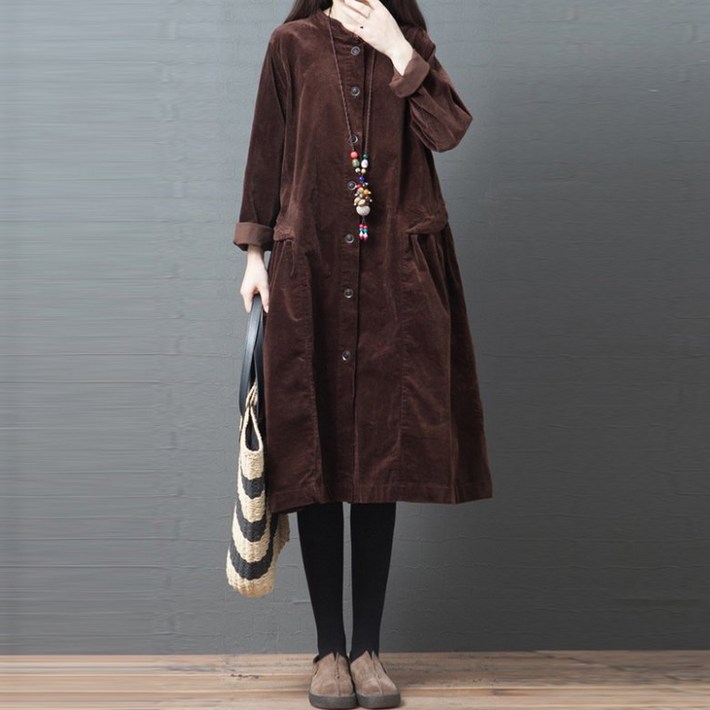 PEROLA 여성 코듀로이 원피스 루즈핏 캐주얼 앞 단추 가을 겨울 빅사이즈 미디 원피스