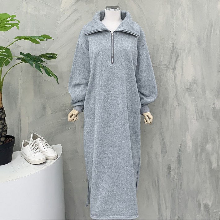 행복여 저스트 빅 카라 반집업 루즈핏 기모 롱 원피스