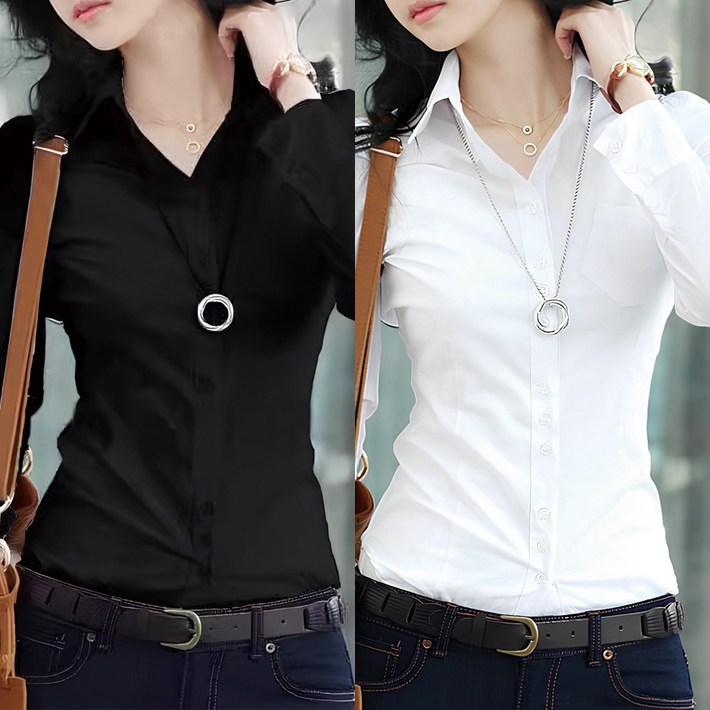 11 로로비 여성 슬림핏 긴팔 셔츠 셔링 블라우스 기본 베이직 긴팔 화이트 블랙 와이셔츠
