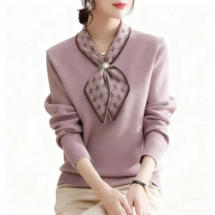 여성 중년 빅사이즈 니트 스카프 일체형 스웨터 엄마옷 긴팔티