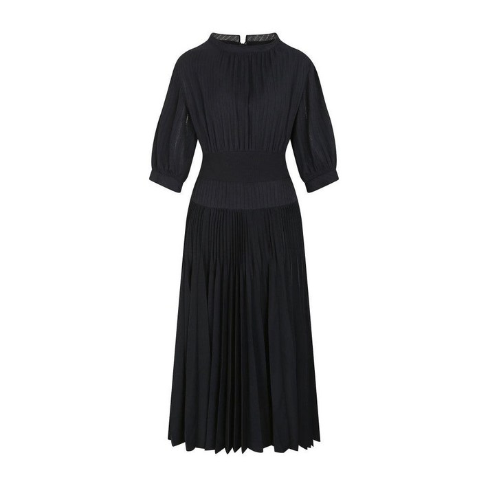 JJ지고트 니트 배색 벌룬핏 플리츠 원피스